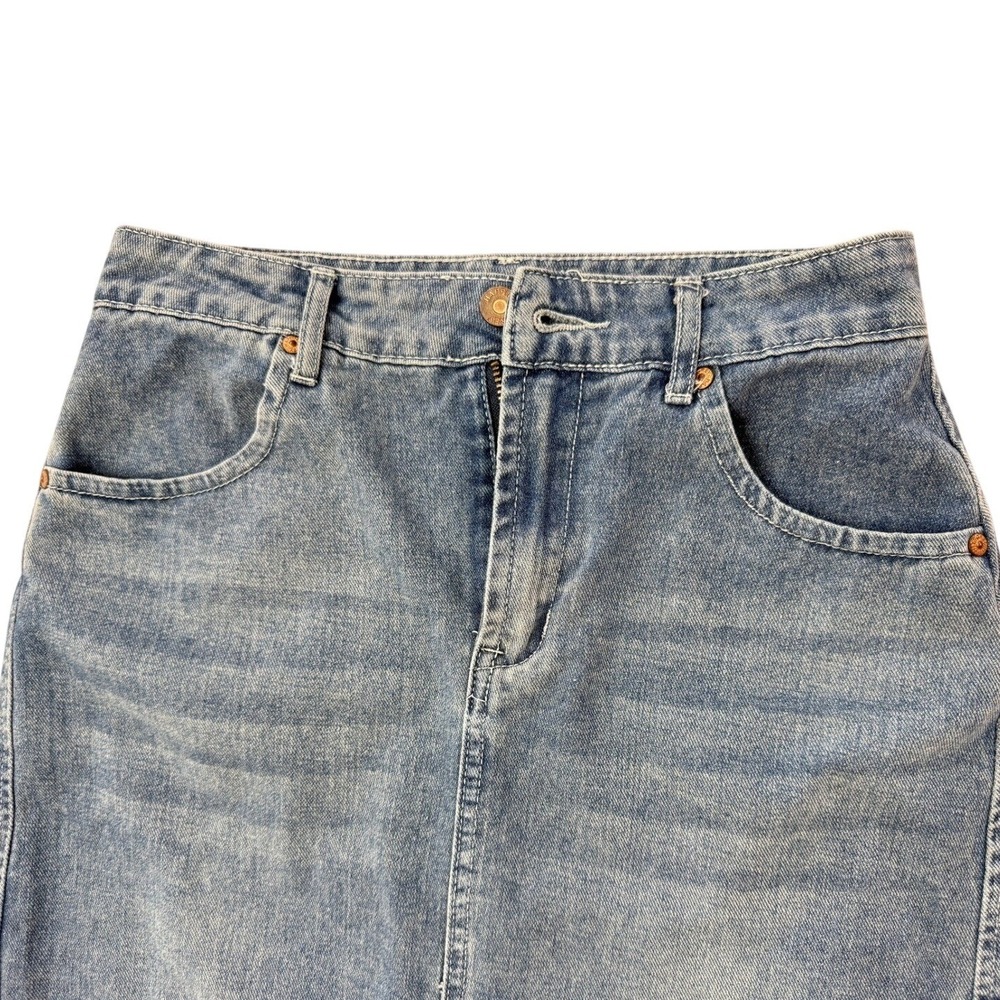 HappilyGrey High RiseDenim Maxi Skirt Medium Wash Front Slit Frayed HemSize 1/24 - Picture 12 of 15